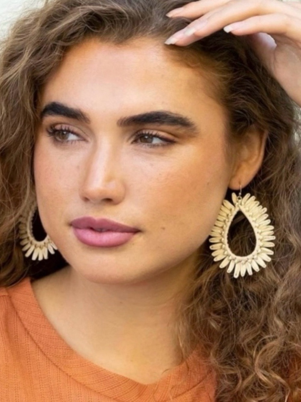 Plunder Beaded Teardrop Hoop Earrings Neutral Cream NWT
